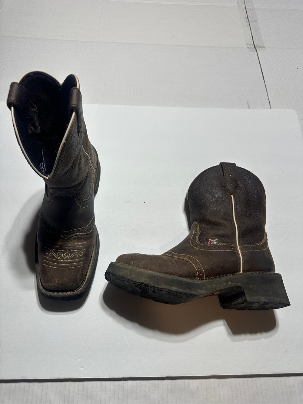 Justin’s Gypsy mantra Dark Brown Pull-On Western Work Boots with leather upper